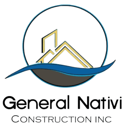 Logo for General Nativi Construction Inc., a leading general contractor, featuring a geometric house design inside a circle with blue and grey waves below. The company name is elegantly written beneath in black text.